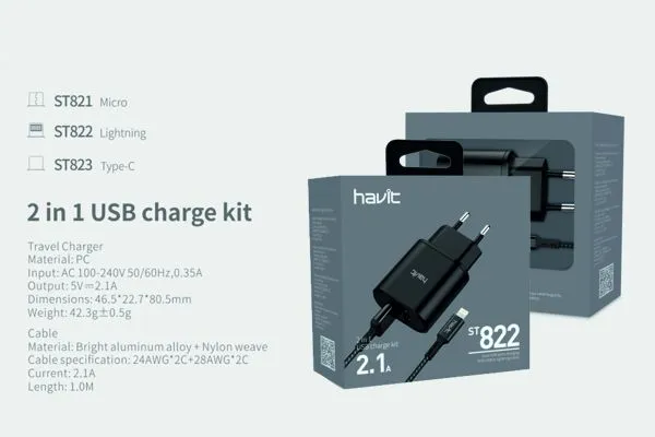 HAVIT® HV-ST822 2 In 1 USB Charge Kit With USB To Lightning Cable